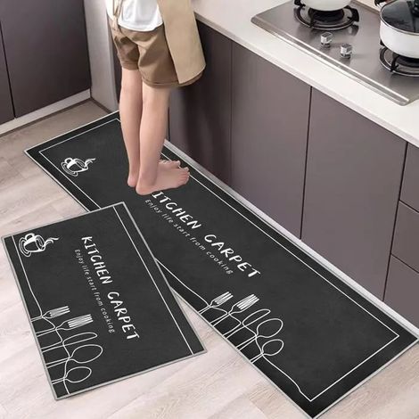 Lot de 2 tapis de cuisine antidérapants, absorbants eau/huile, résistants à la poussière. - Couteau et Fourchette - Gris 120 x 40 cm (1/5)