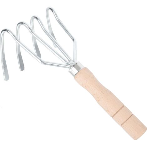 Râteau de Jardin à Main à Quatre Dents, Manche Court, Acier et Bois Outil Agricole Manuel, Poignée Ergonomique, pour Binage et Arrachage des Arachides (1/5)