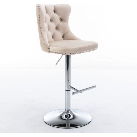 Tabourets de bar pivotants en velours beige avec dossier, hauteur réglable 63-84 cm, base en chrome stable, lot de 2 (1/5)