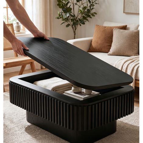 Table basse rectangulaire 98x60x35 cm - design cannelé moderne - rangement caché - structure en bois massif et MDF - noir (1/5)