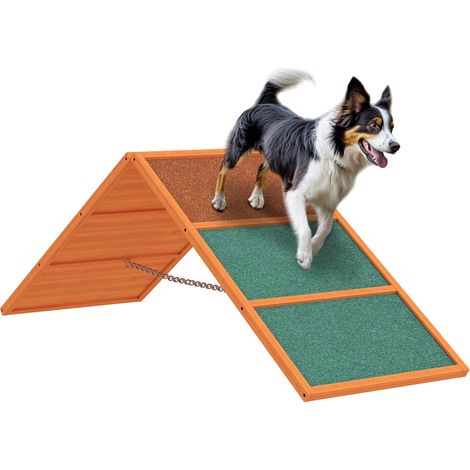 Agility Hunderampe, klappbar, verstellbare Höhe, rutschfest, Tannenholz, bis 40 kg, 173 x 59 x 66 cm, Orange/Grün