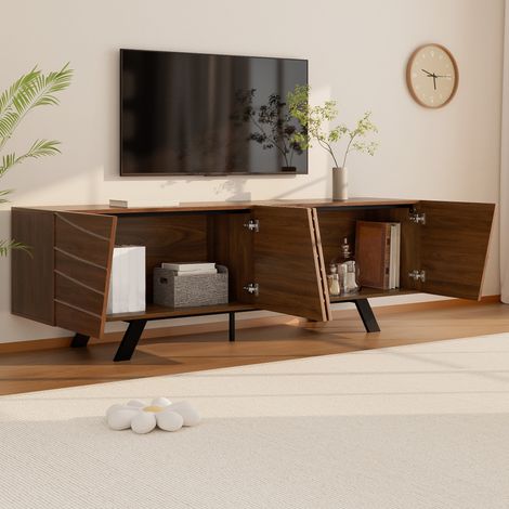 Mobile TV 160x39x50.5 cm noce in MDF con frontale ondulato, gambe in ferro nero e passacavi (1/5)