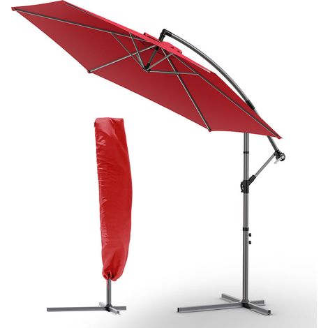 VOUNOT 3m Cantilever Garden Parasol, Banana Patio Umbrella with Crank Handle and Tilt, Red