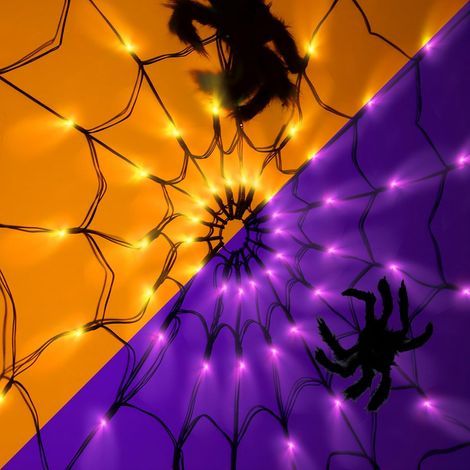 Lot de 2 Décorations d'Halloween en toile d'araignée lumineusediamètre de 1,2 m, 70 LED avec araignée noire (violet + orange) (1/5)