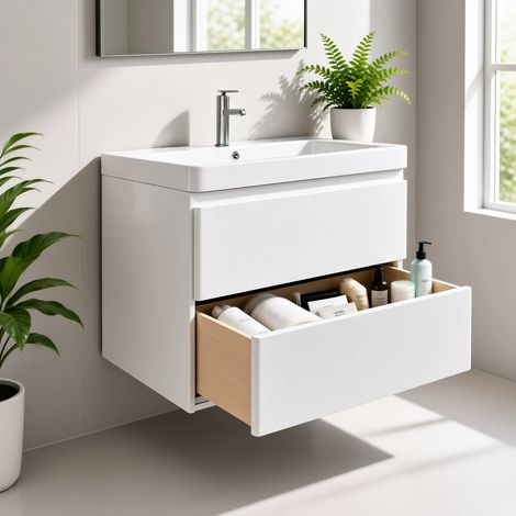Meuble Salle de Bains avec vasque/lavabo suspendu BORA 60 laqué Blanc brillant avec plan résine (1/5)