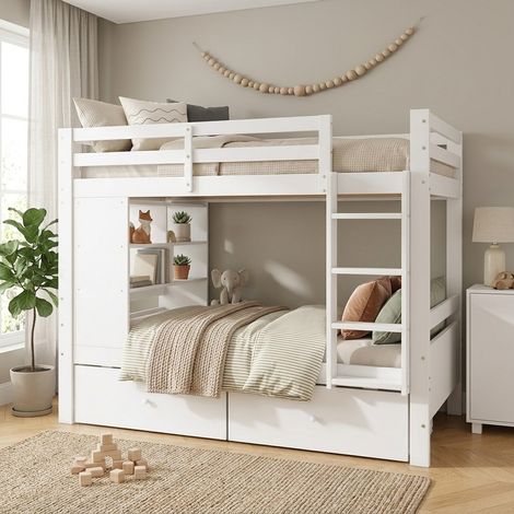 Litera infantil de madera 90x200 cm blanca con 2 cajones, estantería abierta y escalera OKWISH (1/5)