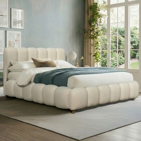 Lit Coffre Design 160x200 cm - Tissu Bouclette Crème - Effet Nuage - Julie (1/3)
