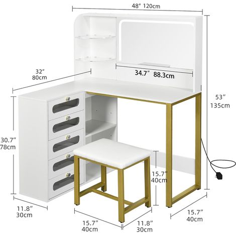 Coiffeuse avec miroir led, Coiffeuse avec Miroir et Tabouret – Design Blanc en L, Parfaite pour Votre Coin Beauté — vue 2