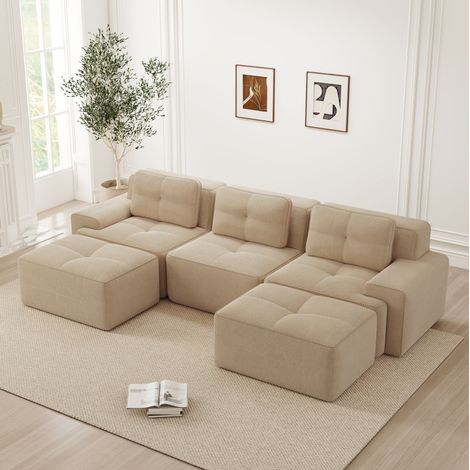 CHICFURN Divano modulare 4 posti 382x177x69 cm tessuto a coste beige con chaise longue (1/5)