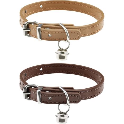 Lot de 2 colliers pour chat avec clochette en cuir synthétique pour chaton de 15 à 23 cm, longueur réglable, fournitures pour petits animaux de compagnie, 1 cm de large, café et kaki (1/5)