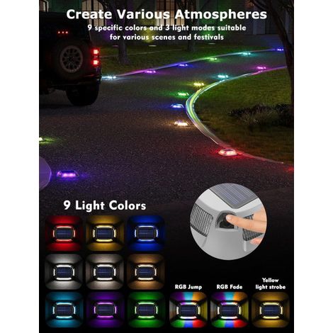Confezione da 4 luci solari da patio, luci di avvertimento solari impermeabili IP67, 9 colori di luce, possono supportare 5 tonnellate (1/4)