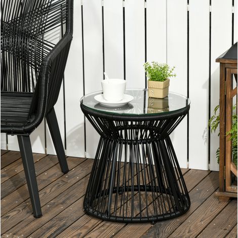 Table d'appoint ronde 40x40x42 cm noire en rotin PE, verre trempé et métal avec plateau stable (1/5)