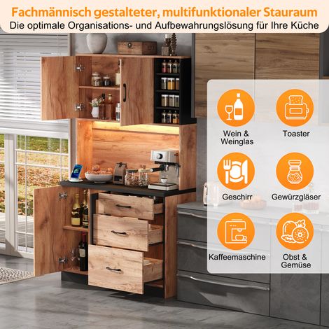 Meuble de rangement colonne cuisine moderne 105x40x180 cm, finition noir chêne avec éclairage LED intégré, tablettes ajustables, prise EU, idéal pour cuisine, salle à manger ou salon. (1/5)