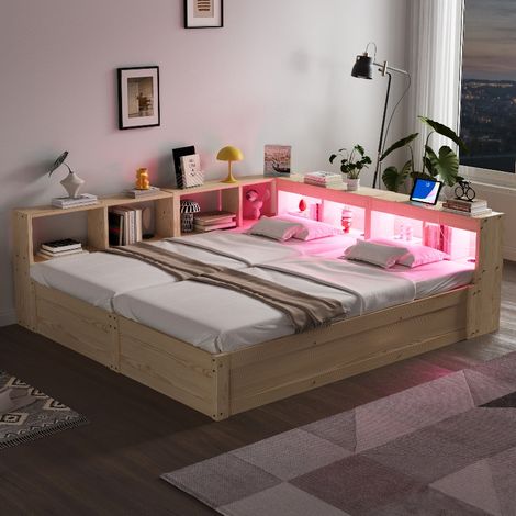 Multifunktionales Schlafsofa 90/180x200 cm mit Stauraum, LED-Beleuchtung und integrierter Steckdose, ausziehbares Doppelbett in Holzfarbe (1/5)