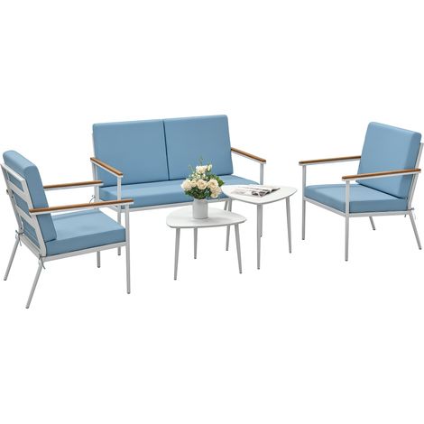 Hellblaue 4-Sitzer-Gartenmöbelgarnitur mit Sofa, Sesseln und Couchtischen für Balkon oder Terrasse