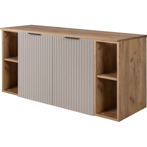Furnidea - Meuble sous vasque suspendu FLOW CACHEMIRE 120 cm avec 2 x l'étagères - extensions et plan CHÊNE - 2 portes - façades rainurées (1/5)
