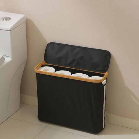 Porte-Papier Toilette - Panier De Rangement Avec Couvercle Et Poignée - Jusqu'à 12 Rouleaux - Noir (1/5)