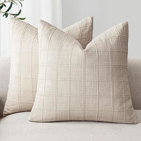 Lot de 2 housses de coussin décoratives en lin à carreaux, style vintage, neutre, style ferme, décoration bohème moderne pour canapé, 45 x 45 cm, beige naturel (1/5)