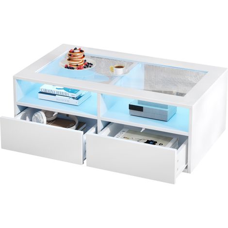 Table basse LED blanche en verre avec 2 tiroirs et rangements ouverts, 100 x 50 x 35 cm, style moderne pour salon - CHICFURN (1/5)