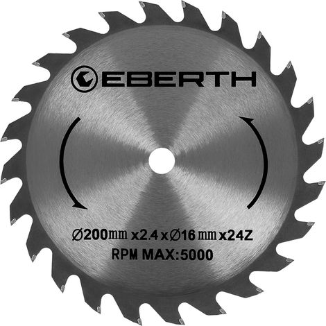 Eberth – Lame de scie circulaire 200mm pour bois dur et tendre – Alésage 16mm – 24 dents carbure – 5000 RPM – Coupe nette sans éclat