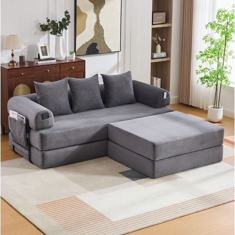 Canapé modulare in velluto a coste grigio scuro con pouf, tasca laterale e 3 cuscini, 200x190x67 cm (1/5)