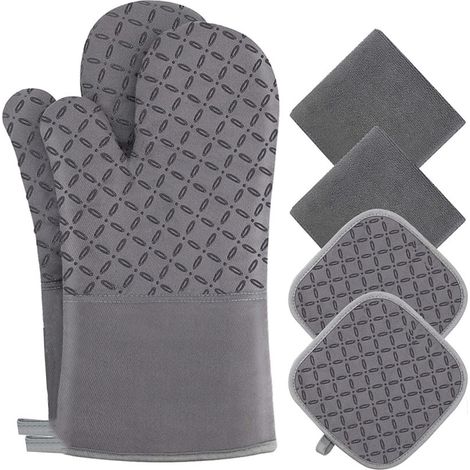 Oven Mitts - Pot Holders - 500 °F Heat Resistant - Non-Slip Silicone Surface - For Cooking Baking Grilling - 6 Pcs Set (1/5)