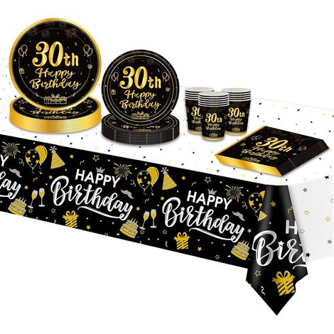 Assiette Jetable Decoration Anniversaire 30 Ans - Vaisselle Lot Noir Or, Papier Assiette, Gobelets, Serviette, Nappe pour Deco Femmes Homme 16 Invités (1/5)