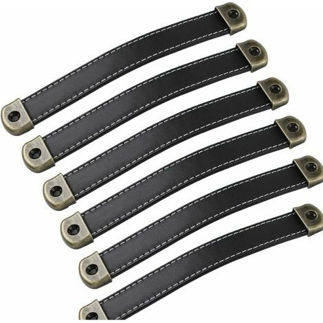 Set mit 6 Ledergriffen im Vintage-Stil – Schrankgriffe, schwarze Ledergriffe für Küchenschränke. Lochabstand: 160 mm. (1/5)