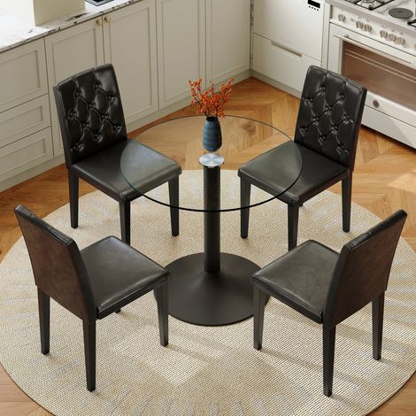 Esstisch-Set rund 85 cm mit 4 Stühlen Glas Metall OKMYHOME (1/5)