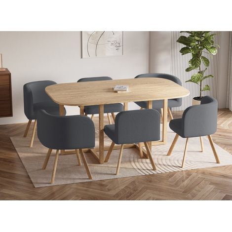 Deco In Paris – Ensemble table 140x90 cm + 6 chaises encastrables gris – Plateau bois et pieds métal – Style scandinave moderne – Confort optimal