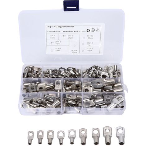 120-teiliges Set elektrischer Steckverbinder, T2-Crimpklemmen aus verzinntem Kupfer, 8 Größen SC, Ringe für Schiffs- und Kfz-Kabel (1/5)