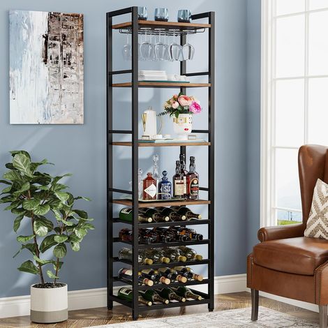 Tribesigns Botellero Vino con Soporte para 20 Botellas, Organizador de Almacenamiento de Vino con Soporte de Copas de Vino, Soporte para Botellero de Madera para Salón, Cocina,35 x 45 x 180cm (Marrón)