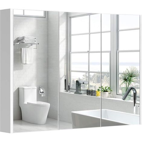 COSTWAY Mobile a Specchio per Bagno a 3 Ante, 2 Ripiani Regolabili, 90x11x65cm,Bianco (1/5)