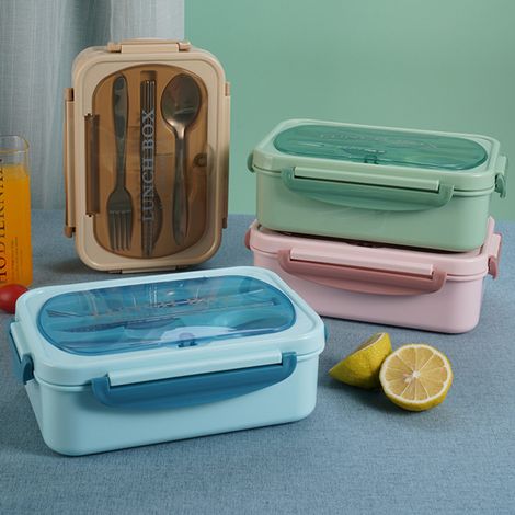 Boîte à lunch portable en acier inoxydable 304, étanche, compatible micro-ondes, avec compartiments alimentaires, cuillère et baguettes incluses. (1/5)