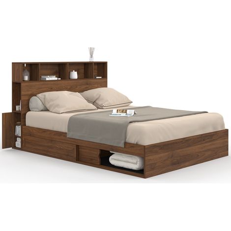Lit double CLEM avec rangements + tête de lit et sommier 140 x 190 cm effet noyer