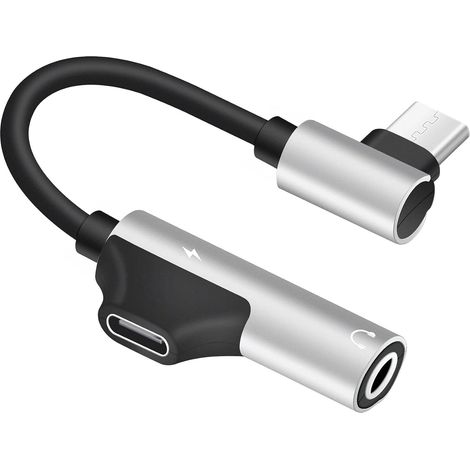 Adaptateur et chargeur USB-C vers prise casque 3,5 mm, connecteur coudé à 90° de type C vers type C femelle ou câble audio, adaptateur multifonction 2-en-1 USB Type C vers AUX audio haute résolution 3 (1/5)