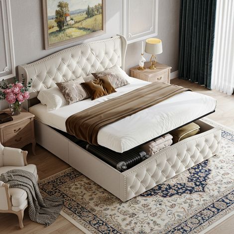 Letto contenitore 140 x 200 cm con vano portaoggetti, lavorazione capitonné, pistoni idraulici e rete a doghe, letto matrimoniale moderno, beige (1/5)