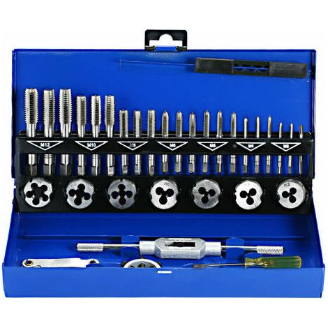 Coffret tarauds et filières 32 PCS HSS Jeu de tarauds et matrices Clés métriques coupées M3-M12 Outil de filetage à la main Taraud en carbure de tungstène Matrice de filetage à vis Outil de fabricatio (1/4)