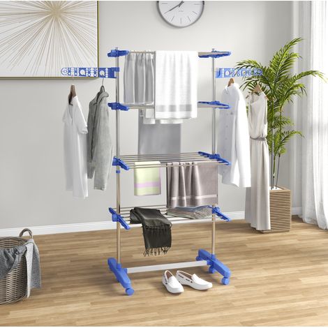 Tendedero móvil plegable con ruedas, barra lateral ajustable, acero inoxidable azul (1/5)