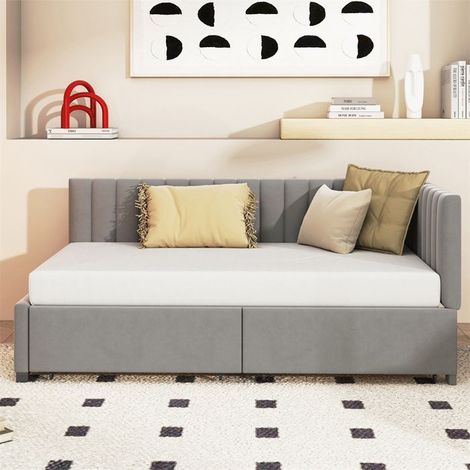 Lit rembourré 90 x 200 cm en velours gris avec sommier à lattes et 2 tiroirs - 1 place (1/5)