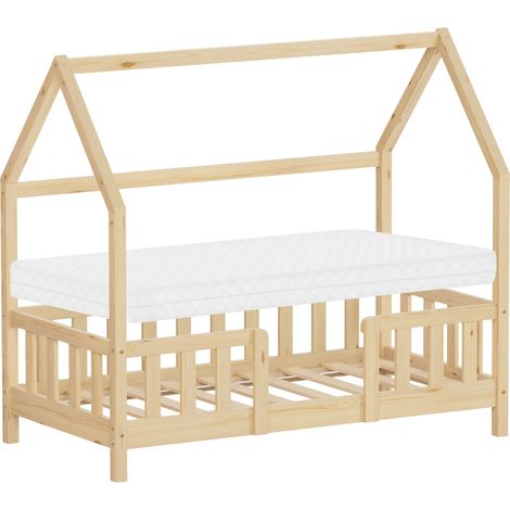 ML-Design Kinderbett Hausbett 70x140 cm mit Matratze, Rausfallschutz, Dach & Lattenrost, Natur, Bettgestell aus Kiefernholz, Montessori Bodenbett, Holzbett für Mädchen & Jungen, Jugendbett Doppelbett