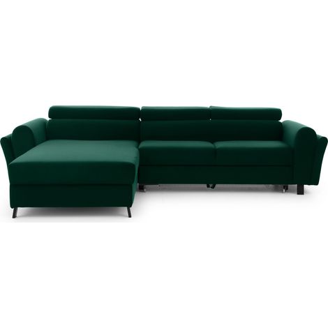 Canapé d’angle convertible MAZALI velours - Appuis-tête réglables et rangement-Vert foncé-Méridienne A gauche (1/5)