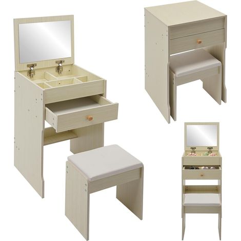 Coiffeuse avec miroir, tiroirs et tabouret, 40 x 37,5 x 72 cm, table de maquillage vanité, coussin doux et silencieux, pour maisons, appartements, jusqu'à 90 kg (chêne blanc)