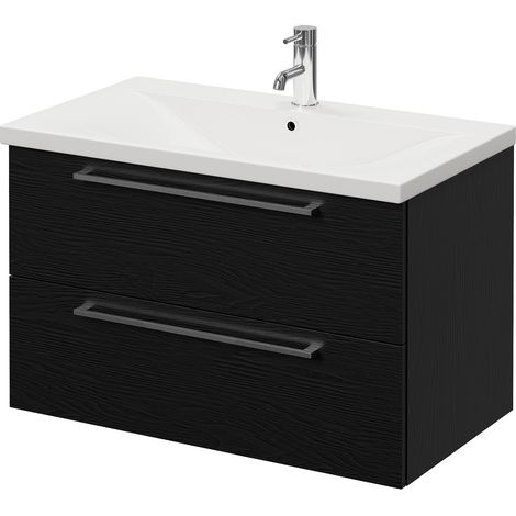 Napoli 460 Nero Oak 800mm Wall Mounted 2 Drawer Vanity Unit with Glide Basin - 800mm - Chrome 480mm Handle