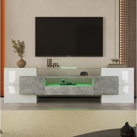 Mueble para TV de MDF gris efecto hormigón y blanco brillo, 200 x 35 x 60 cm, 6 puertas, 2 cajones y LED multicolor (1/5)