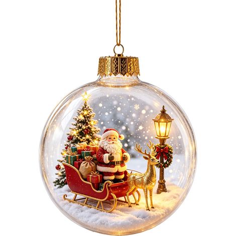 Boule à neige de Noël en acrylique avec lumière LED, scène de traîneau de rennes enneigée, décoration à suspendre pour sapin de Noël de style américain (1/5)