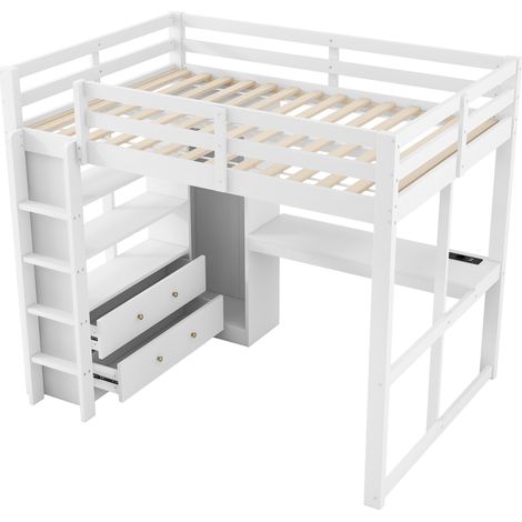 Cama alta 140x200 blanca con escritorio integrado, 2 cajones, estantes, LED y USB (1/5)
