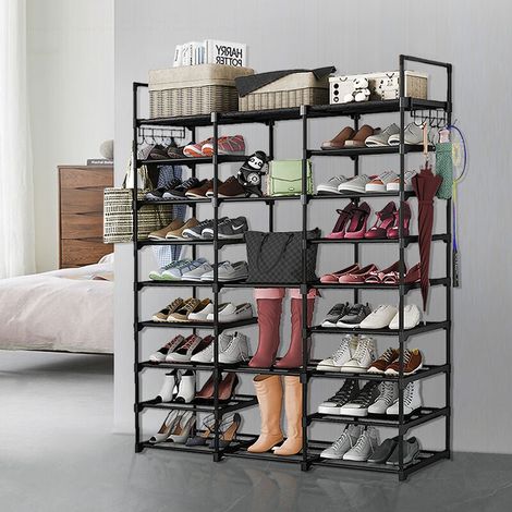 Étagère à Chaussures avec 9 Niveaux, pour 50-55 Paires de Chaussures et Bottes, avec Crochets Polyvalents pour Entrée, Salon