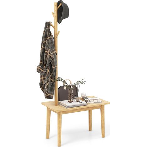 COSTWAY Porte Manteaux sur Pieds Bois 3 en 1, Meuble d'Entrée avec Banc, 4 Crochets, Table d’Appoint avec Portant à Vêtement en Bois, Vestiaire pour Entrée, Chambre, 76 x 43 x 168 cm (Naturel) (1/5)