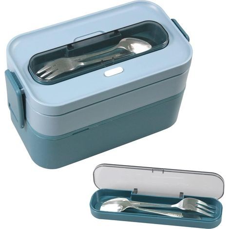 Lunch Box Office Lunch Box Kit 1600ml PP Bento Box, 2 Tier Lunch Box avec Couverts pour Pique-Nique École Bureau Adulte Enfants, Passe au Micro-Ondes (Bleu 1600ml) (1/5)